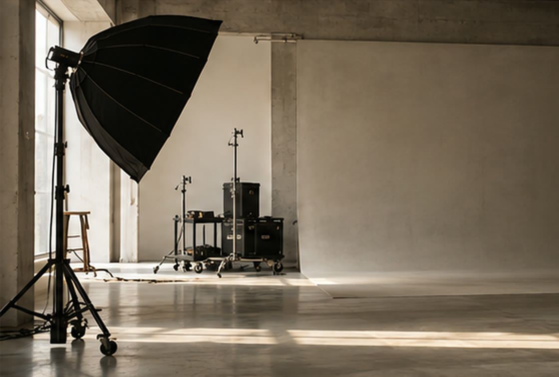 The Kennection cyclorama with a large softbox and lighting kit